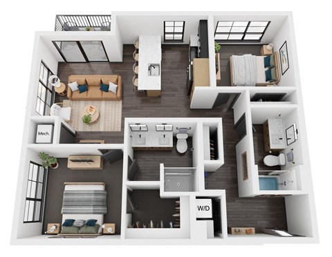 a 3 bedroom floor plan with a bathroom and a living room